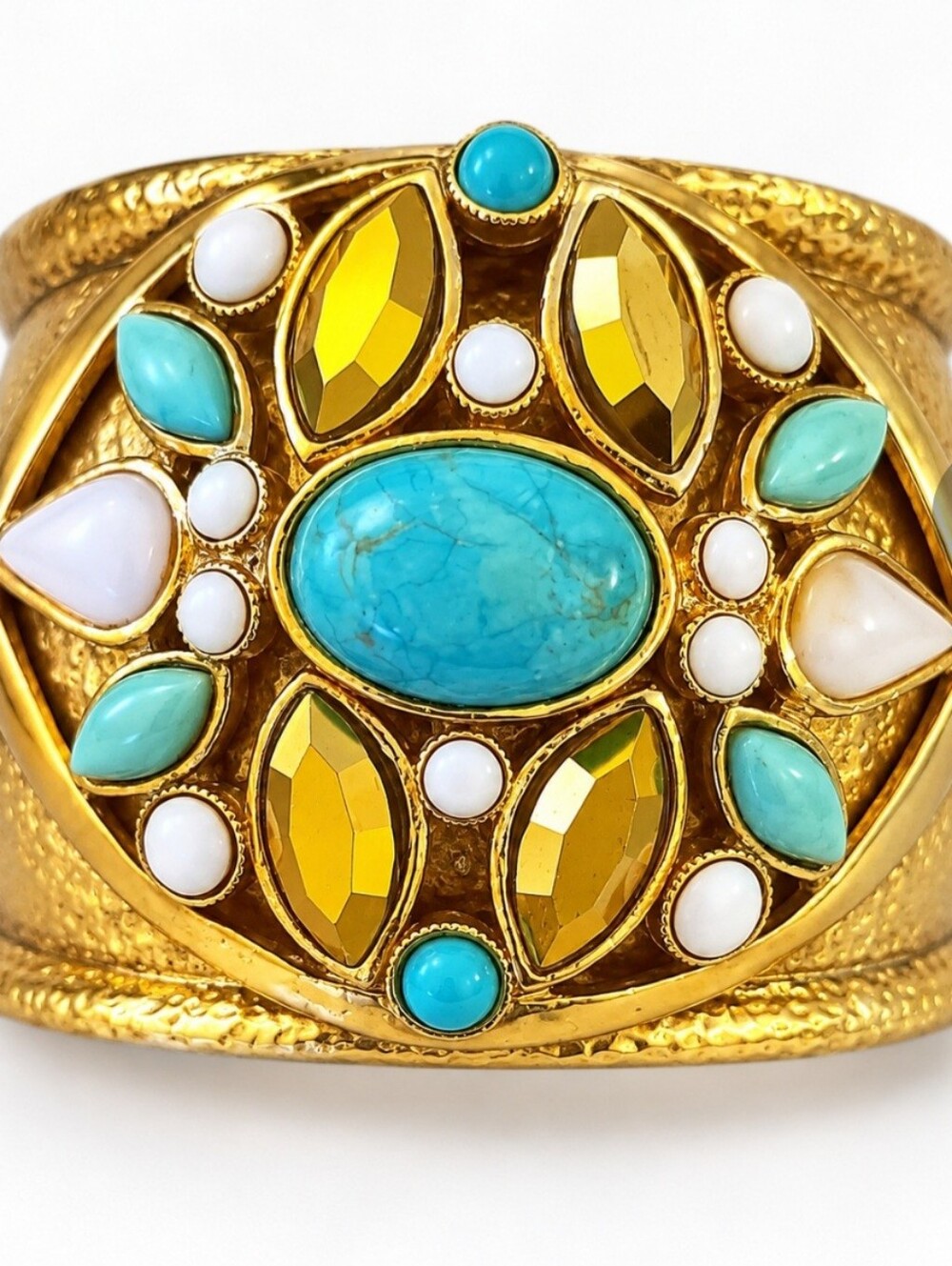 Designer Barrera Hammered Gold Tone Wide Cuff Bracelet w/Turquoise Cabochon